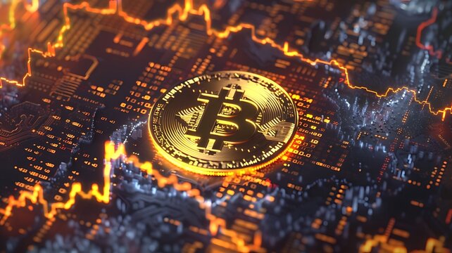 Glowing Bitcoin. Superimposed Gold bitcoin symbol on financial technical data charts, emphasizing the crypto market. Glowing crypto currency market.