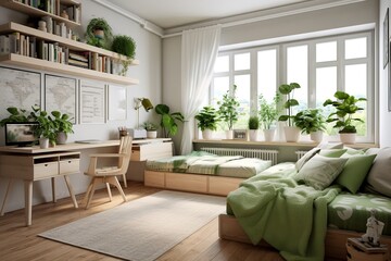 White stylish modern scandi baby's room interior with baby bed and chest of drawers. Children's room interior decor in white and green colors.