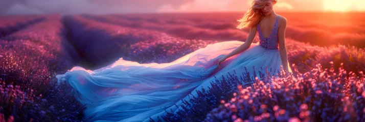 Türaufkleber abstract background with sunset, Lavender Flower Field Woman in Cyan Dress  © AAmir