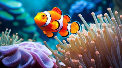 Naklejka na ściany i meble Colorful clownfish swims gracefully among vibrant corals