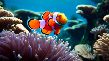 Fototapeta na wymiar Colorful clownfish swims gracefully among vibrant corals