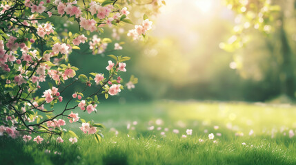 Soft light spring background with blossoming branch of sakura and green grass, for seasonal backgrounds and nature inspired projects.