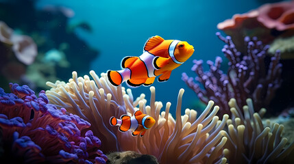 Colorful clownfish swims gracefully among vibrant corals