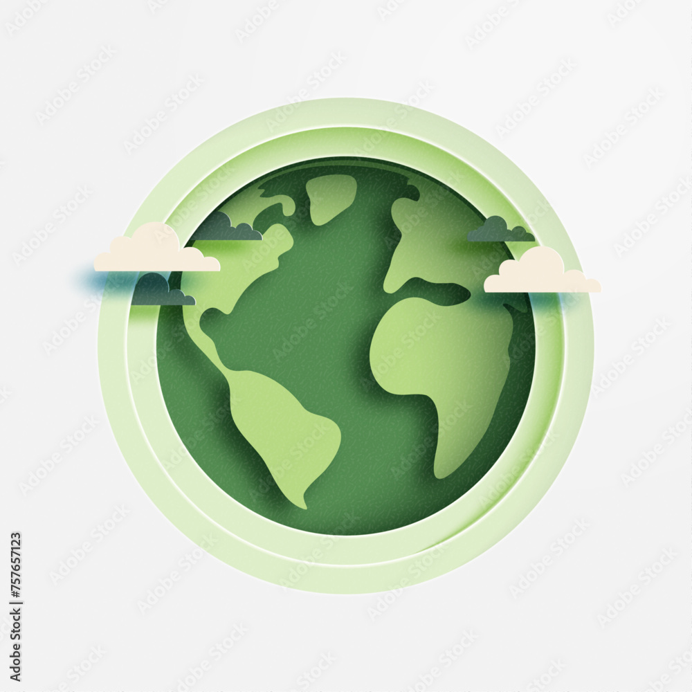 Poster happy earth day. ecology and environment concept. green globe map in the circle frame on white backg