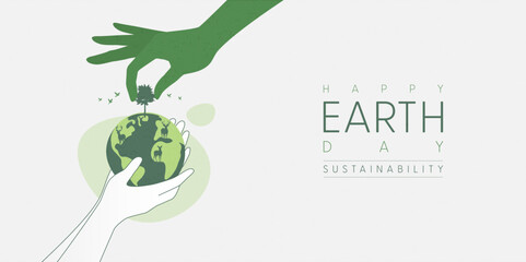 Human hands holding Earth globe to Planting the tree. Earth Day, World Environment and Save the Earth concept. Sustainable ecology and environment conservation concept design. Vector illustration.