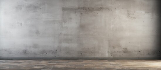 An empty room with a hardwood brown wooden floor and grey concrete wall. The room features a rectangular shape with tints and shades of brown and grey