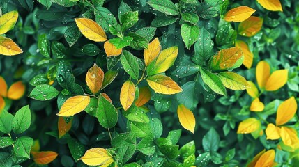 A vibrant green bush with yellow leaves, dew on the foliage