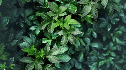 A top view of green leaves in the forest, with a plant wall background
