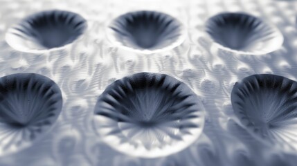 Close up of blue and white shell shaped cups stacked on top of each other, symmetrical, patterned background - obrazy, fototapety, plakaty