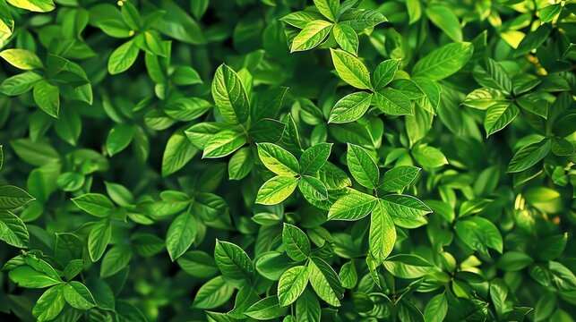 Closeup of vibrant green leaves, symbolizing nature's beauty and health. A lush garden background featuring various types of green plants and trees