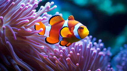 Fototapeta na wymiar Clown fish swimming in the sea on coral reef background