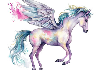Obraz na płótnie Canvas clip art tale stallion flying magical creature fairy white pegasus background watercolor isolated animal illustration