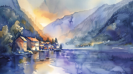 Fototapeta premium Twilight Descends on Alpine Village, Watercolor Painting of Dusk Reflections on Lake, Peaceful Evening Wall Art for Home