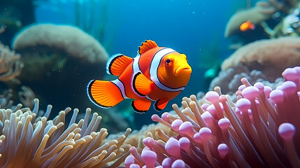 Clown fish swimming in the sea on coral reef background