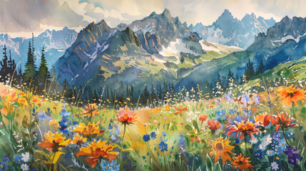 Watercolor Painting of Alpine Meadow in Full Bloom, Colorful Floral Landscape, Mountain Backdrop for Home Wall Art Decor

 - obrazy, fototapety, plakaty