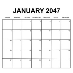 january 2047. monthly calendar design. week starts on sunday. printable, simple, and clean vector design isolated on white background.