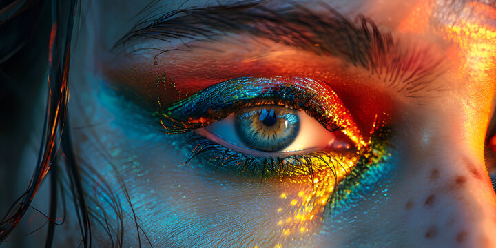 Generative ai macro photography of the magical female eye of a fairy or elf in closeup the iris of the eye fantasy, Close up shot of human colorful eye