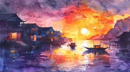 Fiery Sunset Over Waterfront Village Watercolor Painting, Vivid Sky Reflected on Water, Picturesque Harbor Scene for Wall Art

