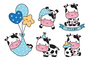 Baby Boy Shower hand-drawn vector illustration of cute baby boy cow with balloons and milk bottle.