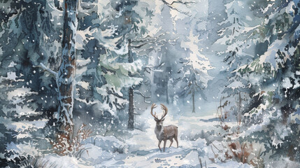 Snowy Winter Forest with a Majestic Stag Watercolor Painting, Tranquil Snowflakes Falling, Idyllic Nature Scene for Cozy Decor

