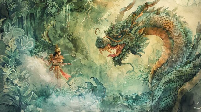 Mystical Eastern Dragon Encountering Warriors Watercolor Painting, Enchanting Forest Scene, Mythical Creature in Lush Woodland Art

