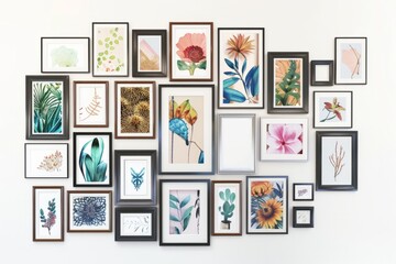 Collection of framed artwork, creating a gallery wall to showcase personal style and creativity, on isolated white background, Generative AI