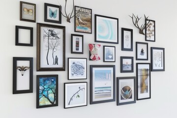 Collection of framed artwork, creating a gallery wall to showcase personal style and creativity, on isolated white background, Generative AI
