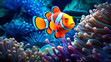 Clown fish swimming in the sea on coral reef background