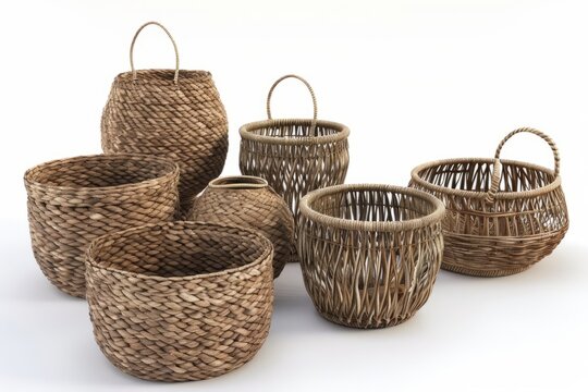 Collection of woven baskets, providing both storage and visual interest in any room, on isolated white background, Generative AI