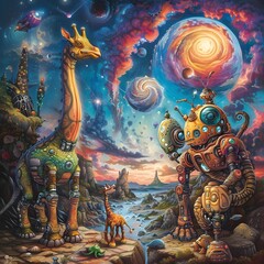 Anthropomorphic Giraffe in Steampunk Attire and Alien Astronaut in a Cosmic Dreamscape, To evoke a sense of wonder and exploration, inviting viewers