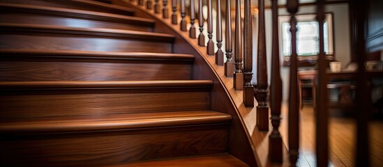 An intricate wooden staircase in a house with hardwood flooring, a handrail, and wood stain,...