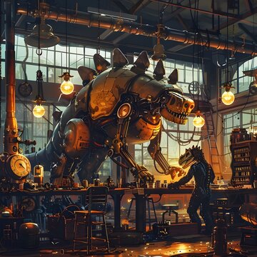 Steampunk Factory with Dinosaur Robots at Work, This image captures the unique blend of technology and fantasy in a steampunk setting, with a sense