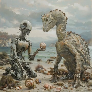 Robot and Dinosaur Sharing a Moment on the Beach with Shells, To convey a sense of unity and collaboration between technology and nature in a unique