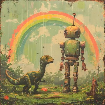 Vintage Illustration of Robot and Dinosaur Admiring a Rainbow, To add a touch of nostalgia, whimsy and visual interest to various commercial and