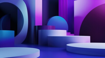 Striking abstract composition with bold geometric forms in a palette of ultraviolet and blue hues.