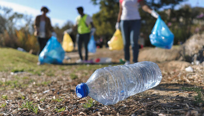 Group of volunteers collecting plastic bottles and garbage in a park.