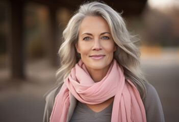 Naklejka premium A portrait of an attractive senior woman with grey hair wearing pink scarf, standing outdoors in the park and looking at camera while smiling
