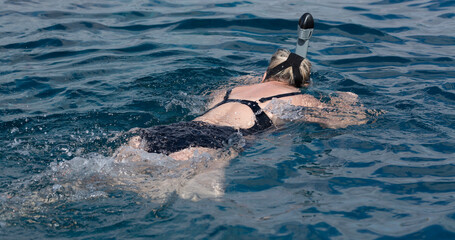 Tourists go diving in the Red Sea. Scuba diving among the reefs. Relaxing in the water.