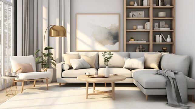 Interior composition of modern trendy living room with aesthetic color palette 