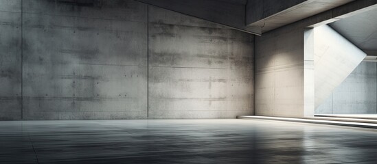 A rectangular room with concrete walls and flooring. The monochrome photography highlights the symmetry and textures of the space - obrazy, fototapety, plakaty