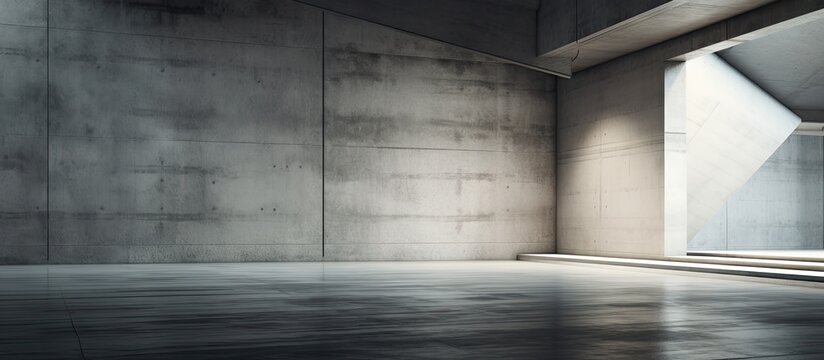 A rectangular room with concrete walls and flooring. The monochrome photography highlights the symmetry and textures of the space