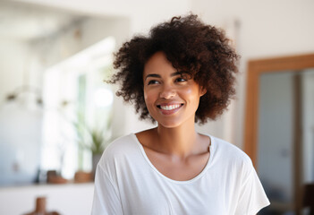 A 20s mix races African European lady in white t-shirt smiling standing in her house in front of vanity with soft focus background 