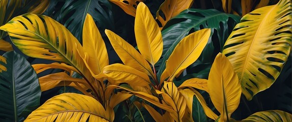 Yellow bright colored tropical leaves foliage plants, banner template background illustration from Generative AI