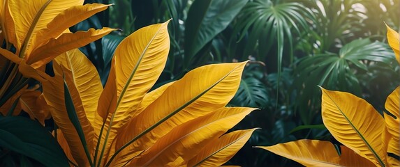 Yellow bright colored tropical leaves foliage plants, banner template background illustration from Generative AI