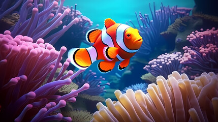 Naklejka na ściany i meble Shot of clownfish in sea anemone