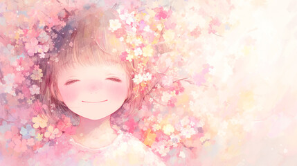 Fototapeta premium 桜の花と可愛い笑顔の少女の水彩イラスト