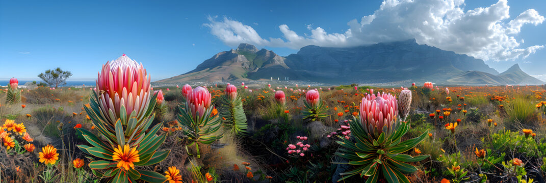 field of flowers 3d image,
A vibrant South African landscape with protea flowers