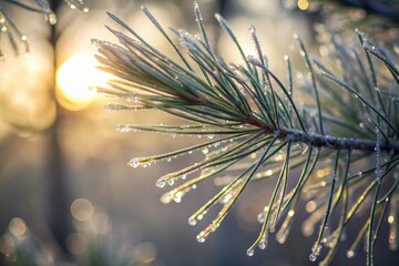 Pine needles glisten with dew in the frosty morning air.