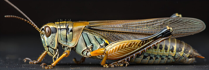  Adult grey bird grasshopper Schistocerca nitens,
Detailed closeup of a grasshopper perched on a branch  - obrazy, fototapety, plakaty