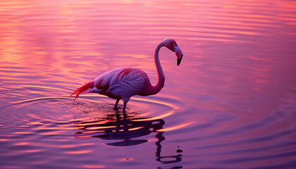 A flamingo stands in water under a pink sunset, casting a graceful reflection